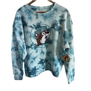 Buc-ees Women Beaver Logo Pullover Crewneck Sweatshirt Blue Tie Dye Sz Large NWT